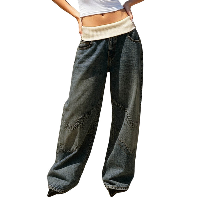 Womens Low Rise Baggy Jeans Fold-Over Elastic Waist Wide Leg Jeans Denim Pants Loose Fit Trousers for Club appropriate