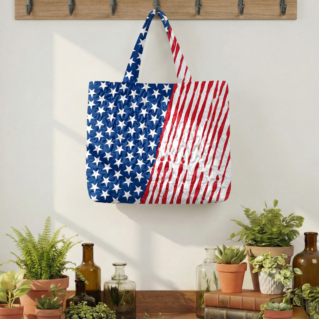 Quilted Tote Bag for Women American Flag Patriotic Handbags with Handles Travel Casual Purse for Vacation practical