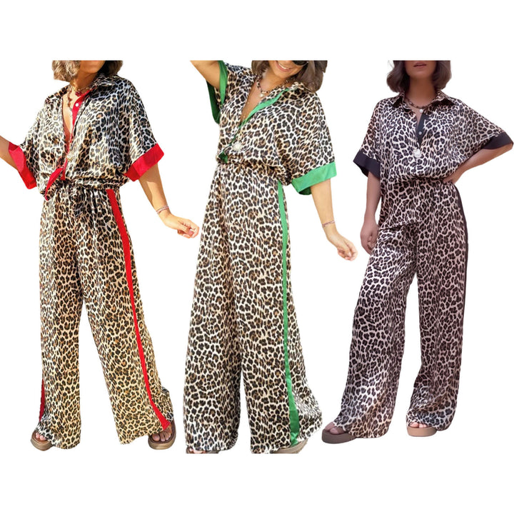 Womens Lounge Set 2 Piece Leopard Print Button Down Shirt with Palazzo Pants Going Out Outfit Streetwear fun