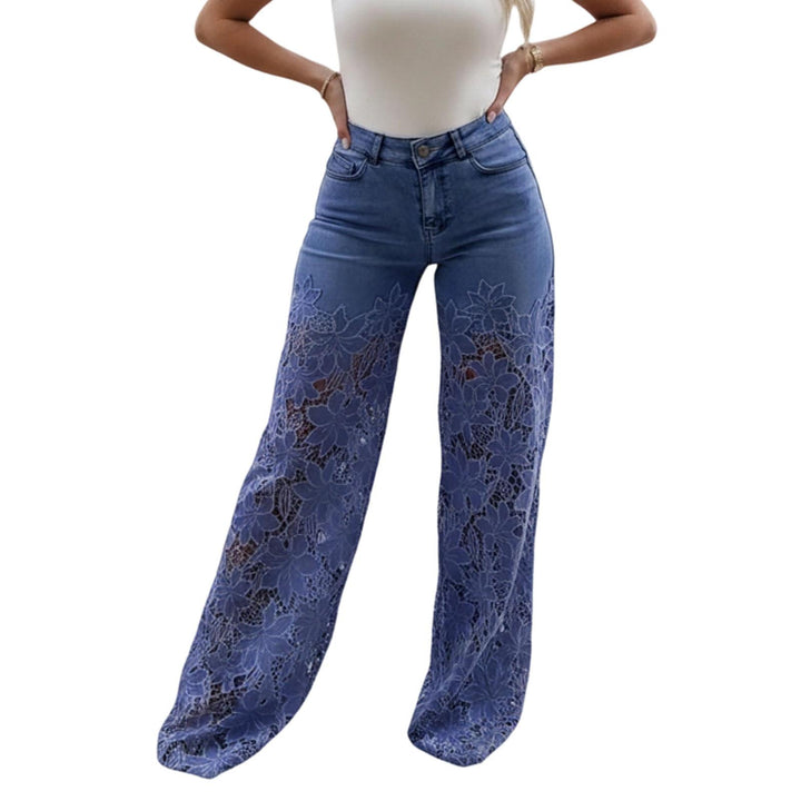 Lace Jeans for Women Hollow Lace Spliced High Waisted Fashion Jeans Loose Fit Denim Pants for Daily Wear exceptional