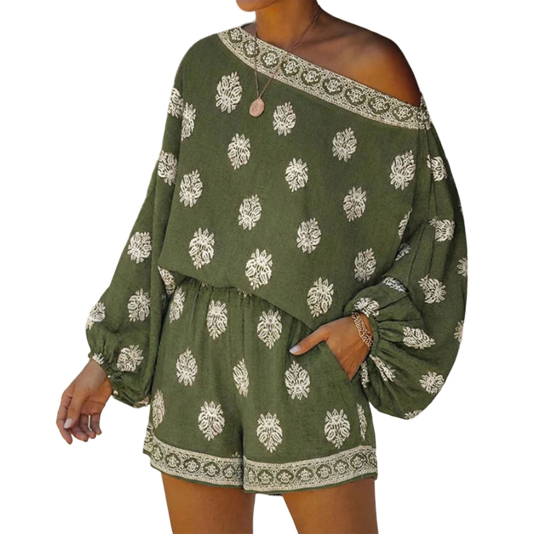 Boho Rompers for Women Off The Shoulder Casual Boho Jumpsuit Loose Lantern Sleeve Rompers for Vacation Beach ingenious