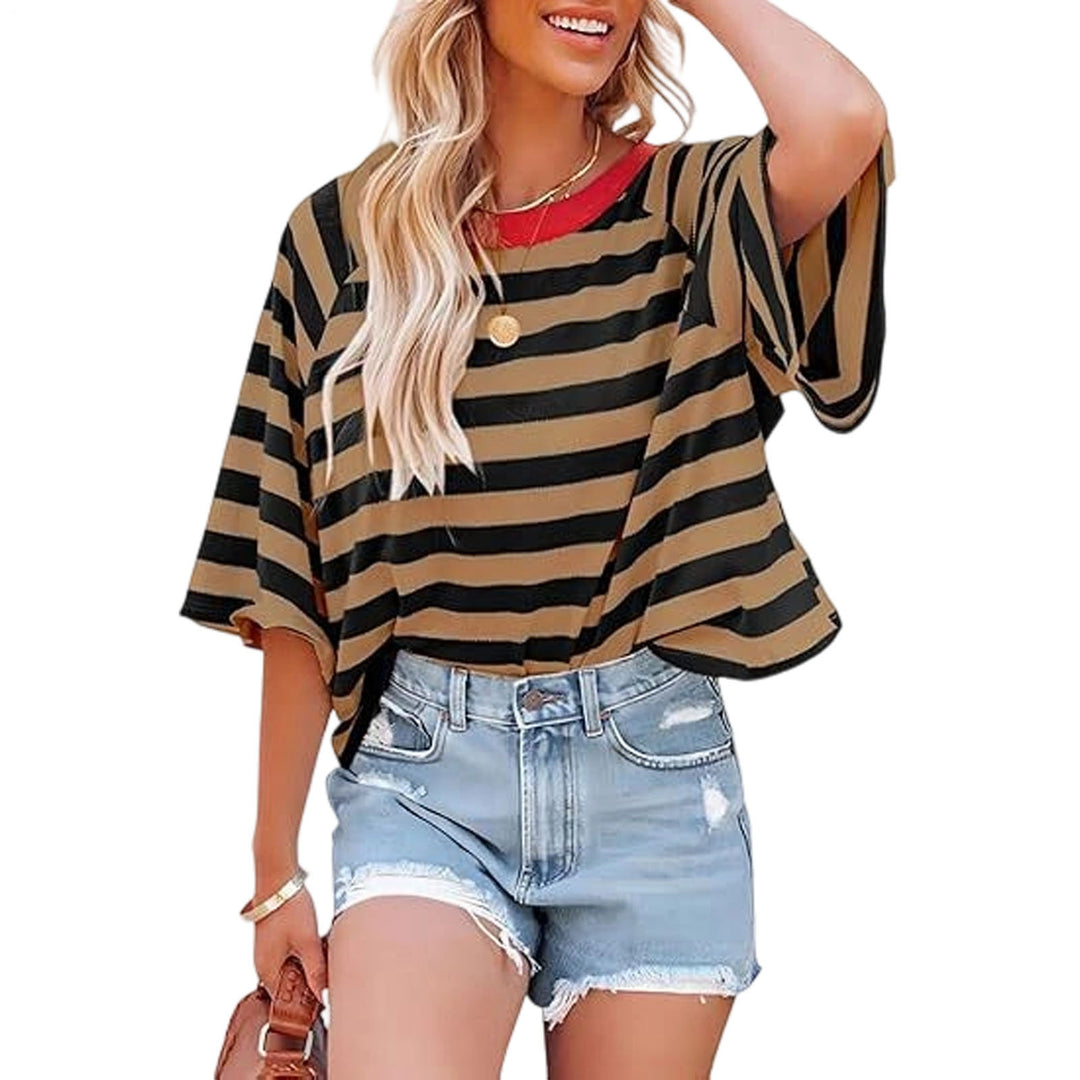 Striped Shirt Women Crew Neck Fashion Casual T Shirts Loose Fit Basic Tops for Travel Going Out Commuting approving