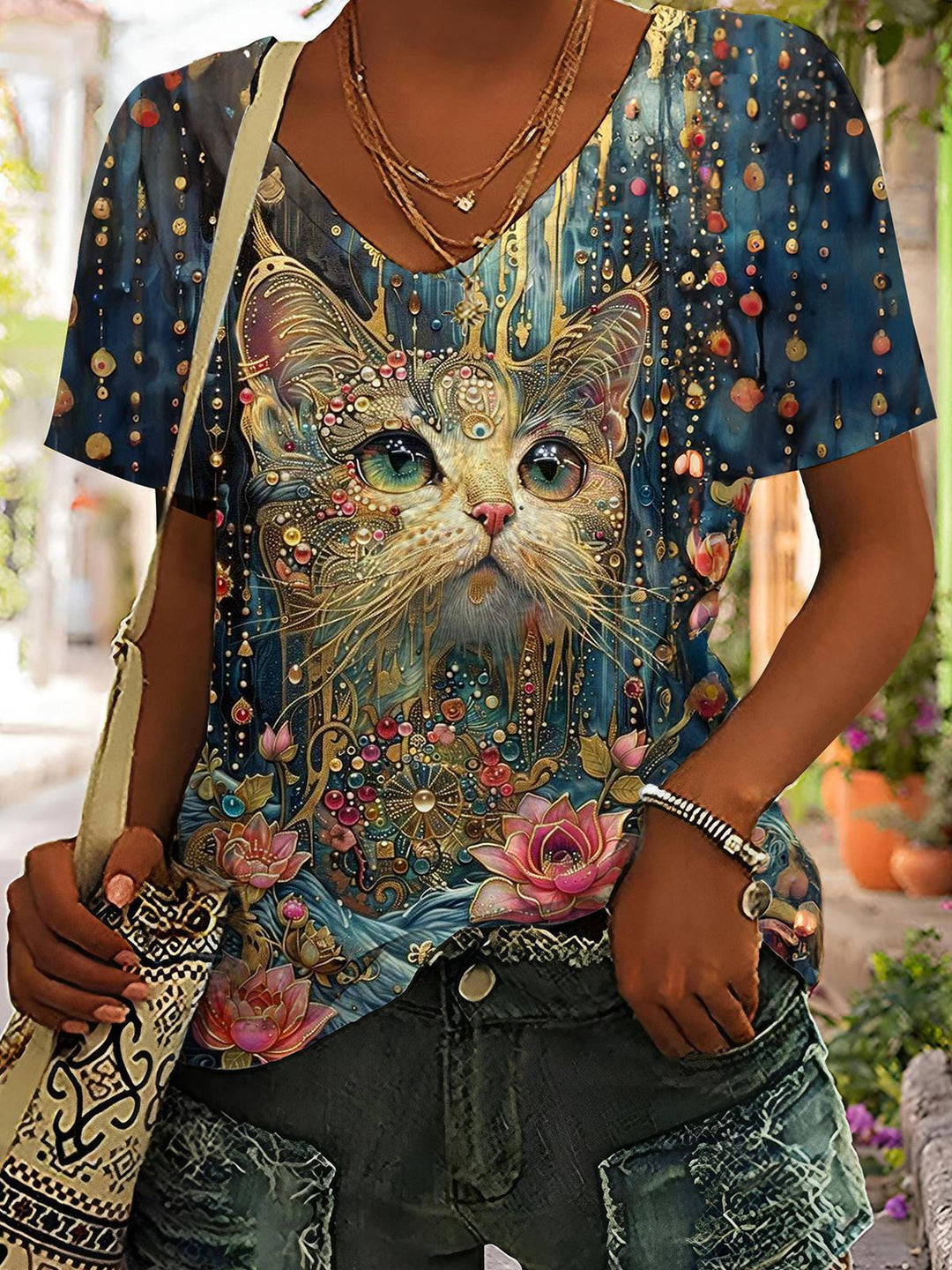 Cat Flower V-Neck Short Sleeve T-Shirt