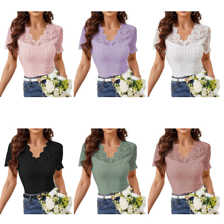 Womens Lace Shirt V Neck Dressy Casual Blouses Summer Fitted Shirts Short Sleeve for Going Out Commuting remarkable