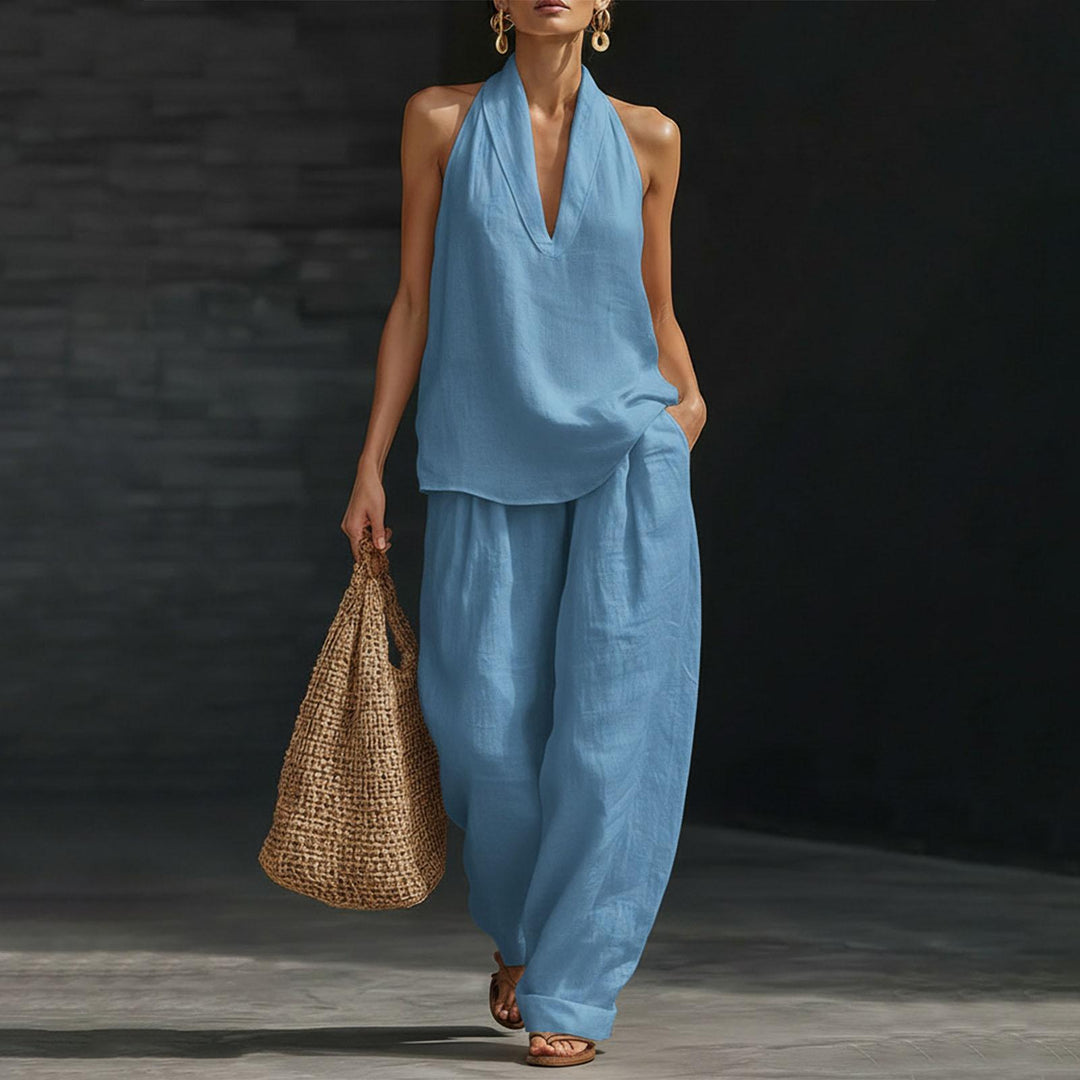 Summer Outfits for Women 2 Piece Set Deep V Neck Sleeveless Loose Fit Halter Top and Wide Leg Pants for Beach classical