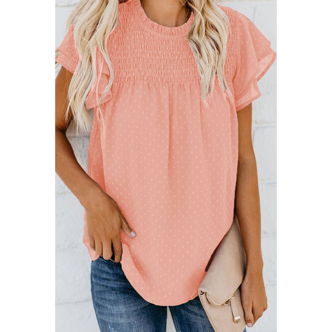 Womens Ruffle Short Sleeve Blouse Dot Smocked Crewneck Summer Flowy Chiffon Shirts Pullover Tops for Travel expedient