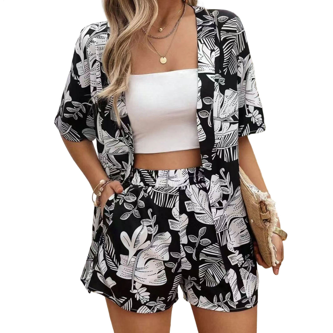 Beach 2 Piece Outfits for Women Boho Floral Leaf Summer Outfits Short Sleeve Shirt Beach Sets for Daily Wear favorable