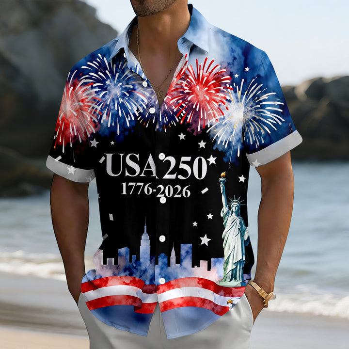 Patriotic Button Up Shirts For Men 250 Years Flag Lapel Short Sleeve Casual Trendy Hawaiian Shirts for Travel respectable
