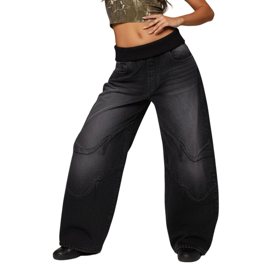 Womens Low Rise Baggy Jeans Fold-Over Elastic Waist Wide Leg Jeans Denim Pants Loose Fit Trousers for Club appropriate