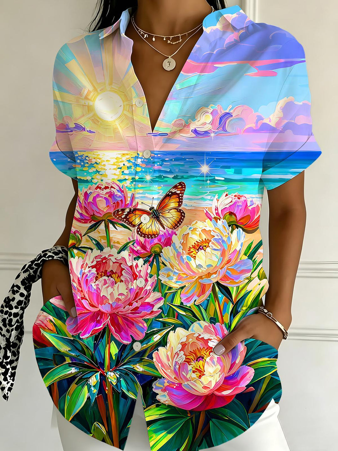 Art Seaside Sunset Peony And Butterfly Women's Short Sleeve Shirts