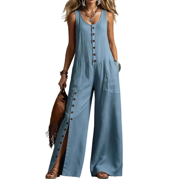 Button Down Jumpsuit for Women Button Up Wide Legs Pants Fashion Sleeveless Overall with Pockets for Beach beautiful