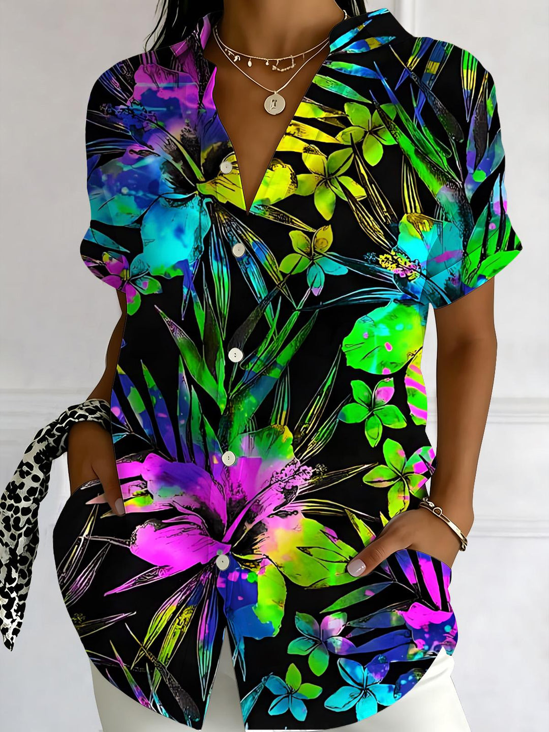 Gradient Floral Print Women's Short Sleeve Shirts