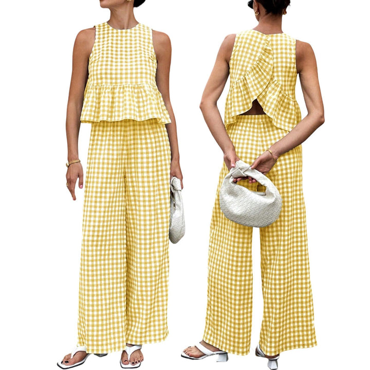 Womens Gingham Set Ruffle Plaid Peplum Tops and Pants Summer Vacation Going Out Sets for Daily Wear Beach admired