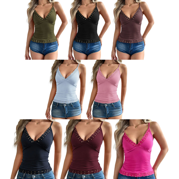 Lace Trim Tank Top Sequin V Neck Sleeveless Tank Spaghetti Strap Summer Going Out Top for Vacation Travel custody