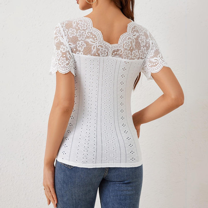 Womens Lace Shirt V Neck Dressy Casual Blouses Summer Fitted Shirts Short Sleeve for Going Out Commuting remarkable