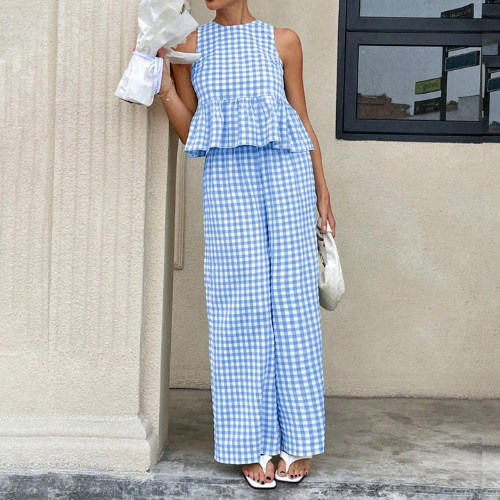 Womens Gingham Set Ruffle Plaid Peplum Tops and Pants Summer Vacation Going Out Sets for Daily Wear Beach admired