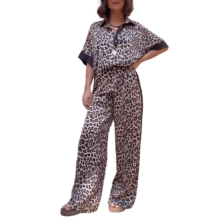 Womens Lounge Set 2 Piece Leopard Print Button Down Shirt with Palazzo Pants Going Out Outfit Streetwear fun