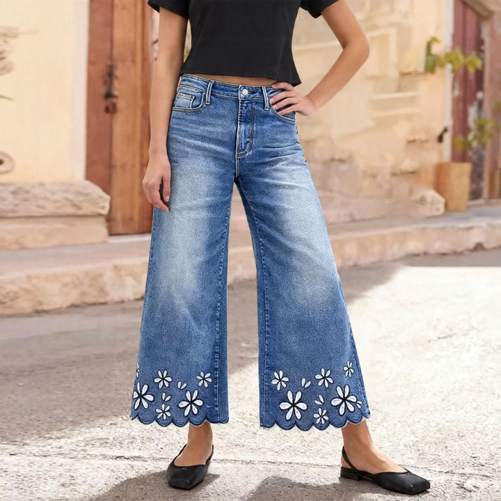 Cropped Wide Leg Jeans Floral Embroidery Boho Wide Leg Jeans Middle Waisted Cropped Denim Pants for Travel excellently