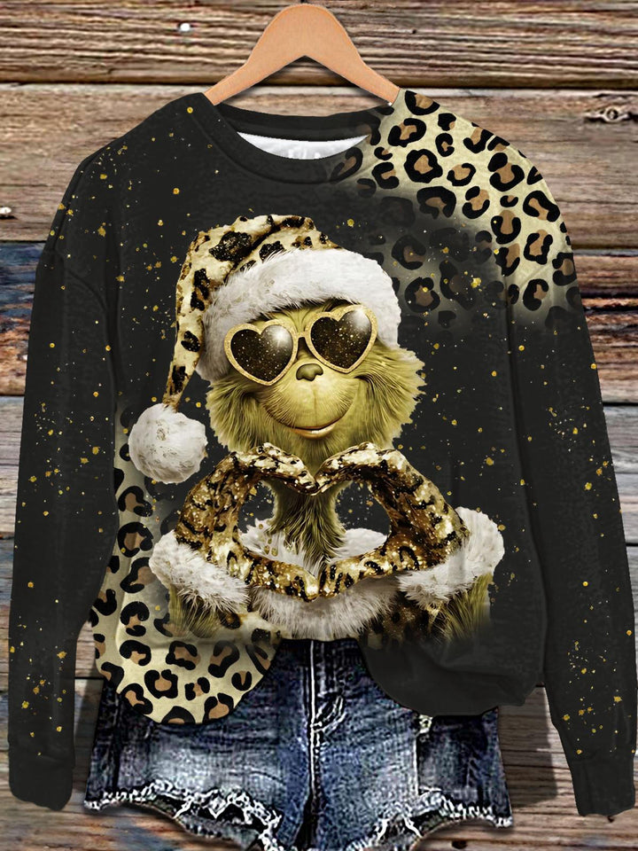 Grinch Leopard Art Printed Long Sleeve Casual Top