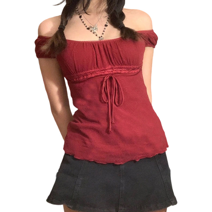 Off The Shoulder Shirts for Women Lace Trim Bow Dressy Casual Blouses Sexy Going Out Shirts for Going Out method