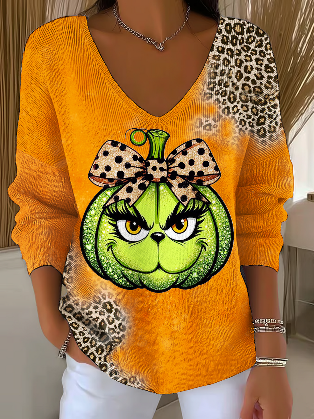 Funny Christmas Leopard Pumpkin Casual V Neck Pullover Sweater