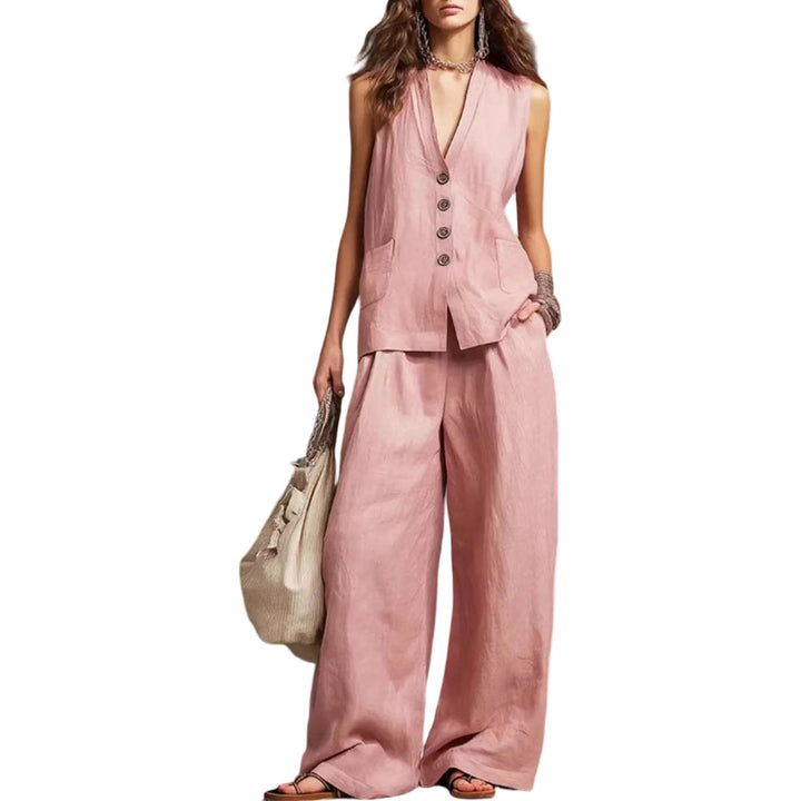 Womens Vest and Pants Set Two Piece Button Down Vest Top and Wide Leg Pants Casual Outfits for Work Travel ideal