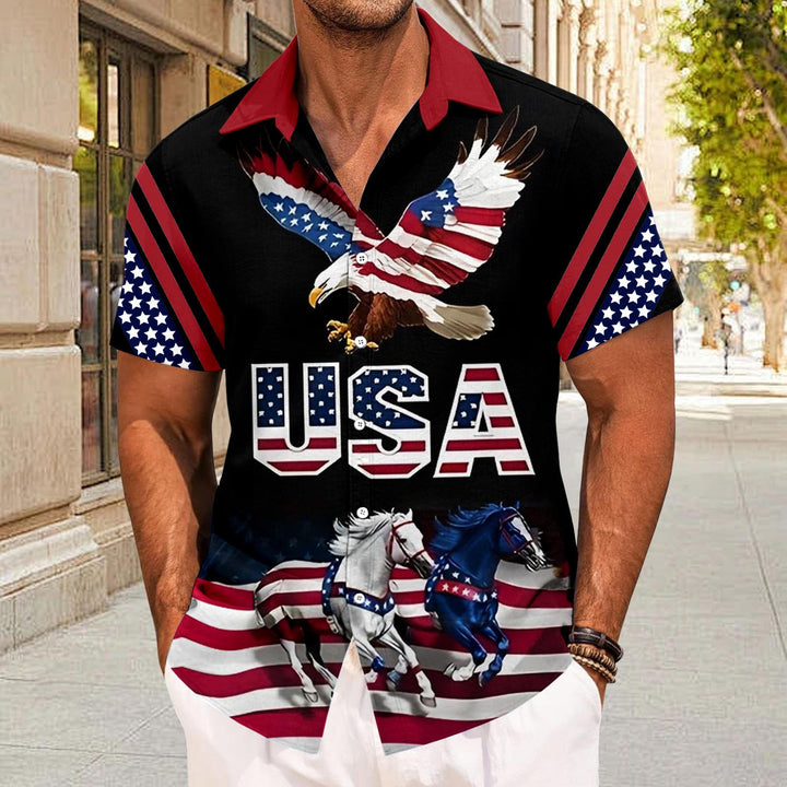 Flag Button Up Shirt Men Eagle Print Short Sleeve Button Down Patriotic Hawaiian Shirts for Parade Party amiable