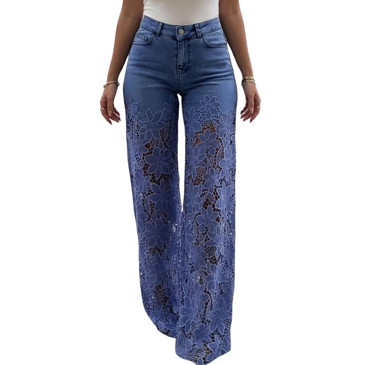 Lace Jeans for Women Hollow Lace Spliced High Waisted Fashion Jeans Loose Fit Denim Pants for Daily Wear exceptional