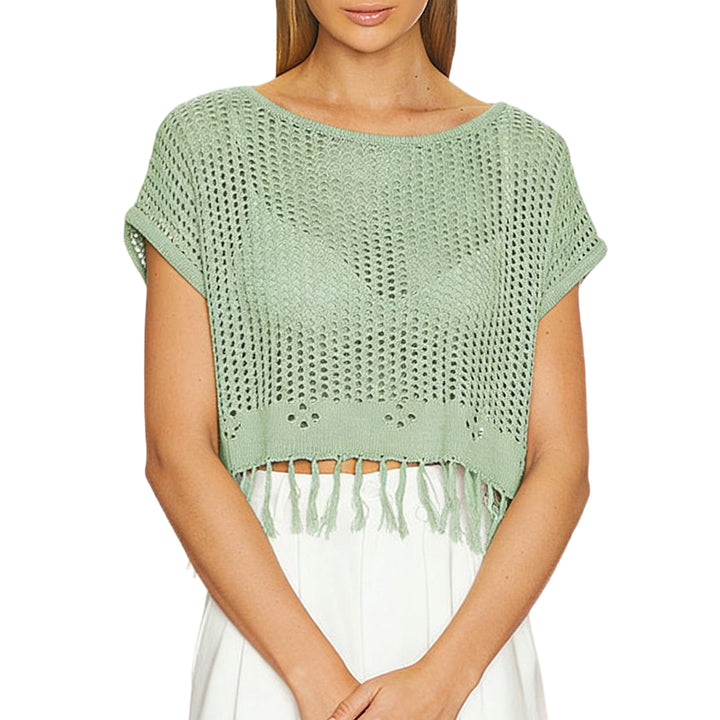 Crochet Tops for Women Tassel Hollow Out Summer Knit Top Crewneck Short Sleeve Pullover Cover Up for Travel usefulness
