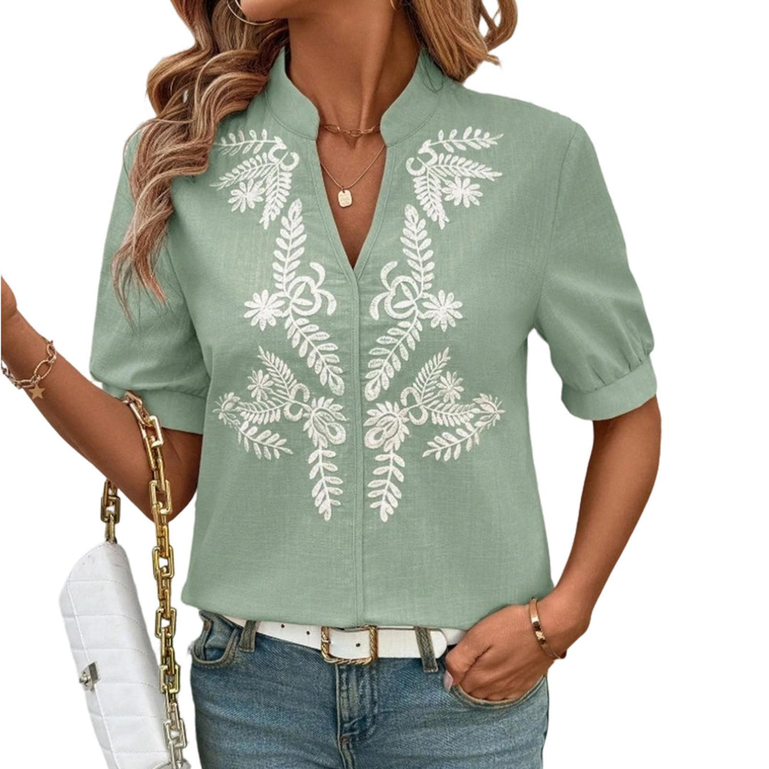 Embroidered Blouses for Women V Neck Floral Embroidered Top Short Sleeve Blouses Fashion Clothes for Travel generous