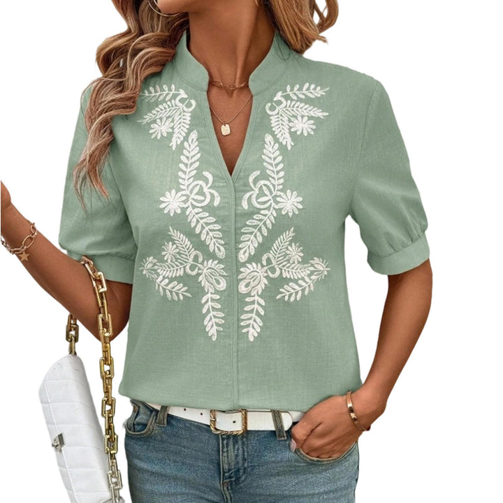 Embroidered Blouses for Women V Neck Floral Embroidered Top Short Sleeve Blouses Fashion Clothes for Travel generous