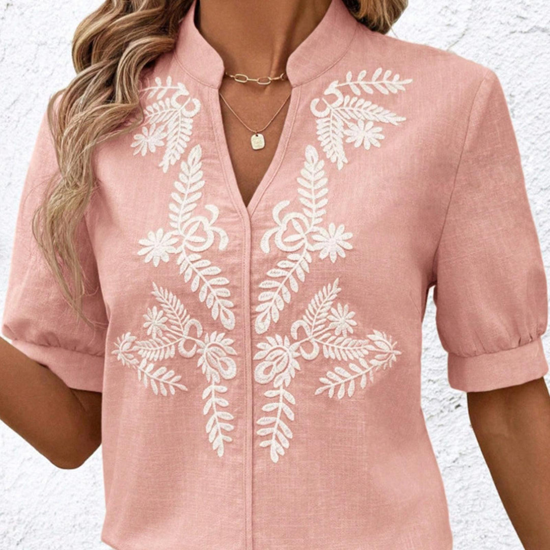 Embroidered Blouses for Women V Neck Floral Embroidered Top Short Sleeve Blouses Fashion Clothes for Travel generous