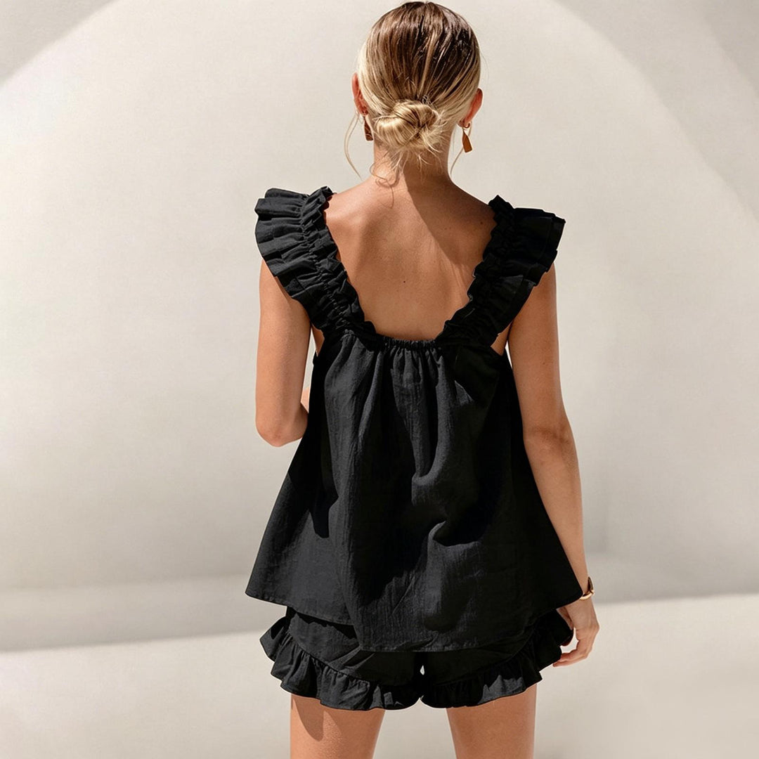 Shorts and Tank Pajama Set Ruffle Square Neck Sexy Sleeveless Loungewear Sleepwear Pj Set for Travel Home right