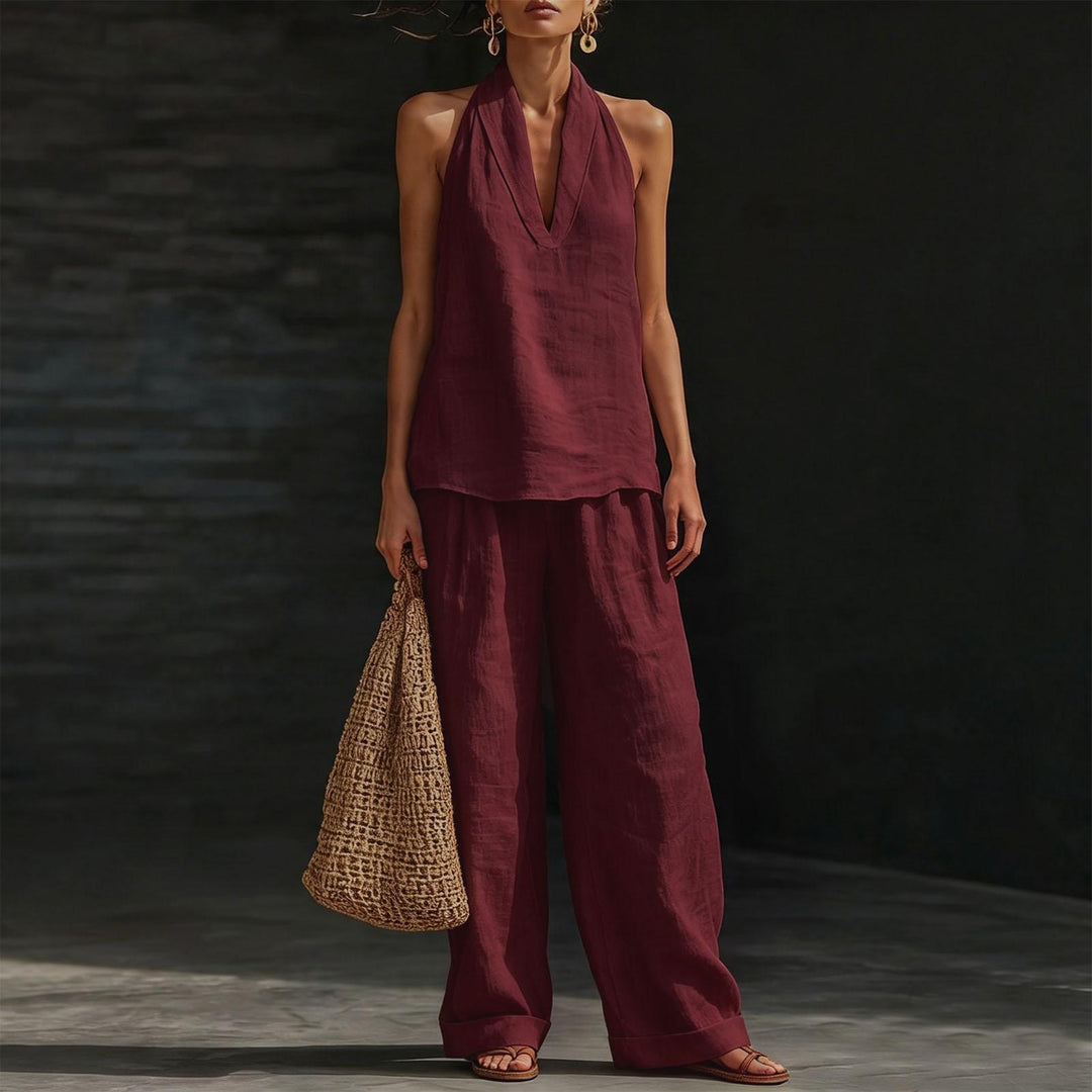 Summer Outfits for Women 2 Piece Set Deep V Neck Sleeveless Loose Fit Halter Top and Wide Leg Pants for Beach classical