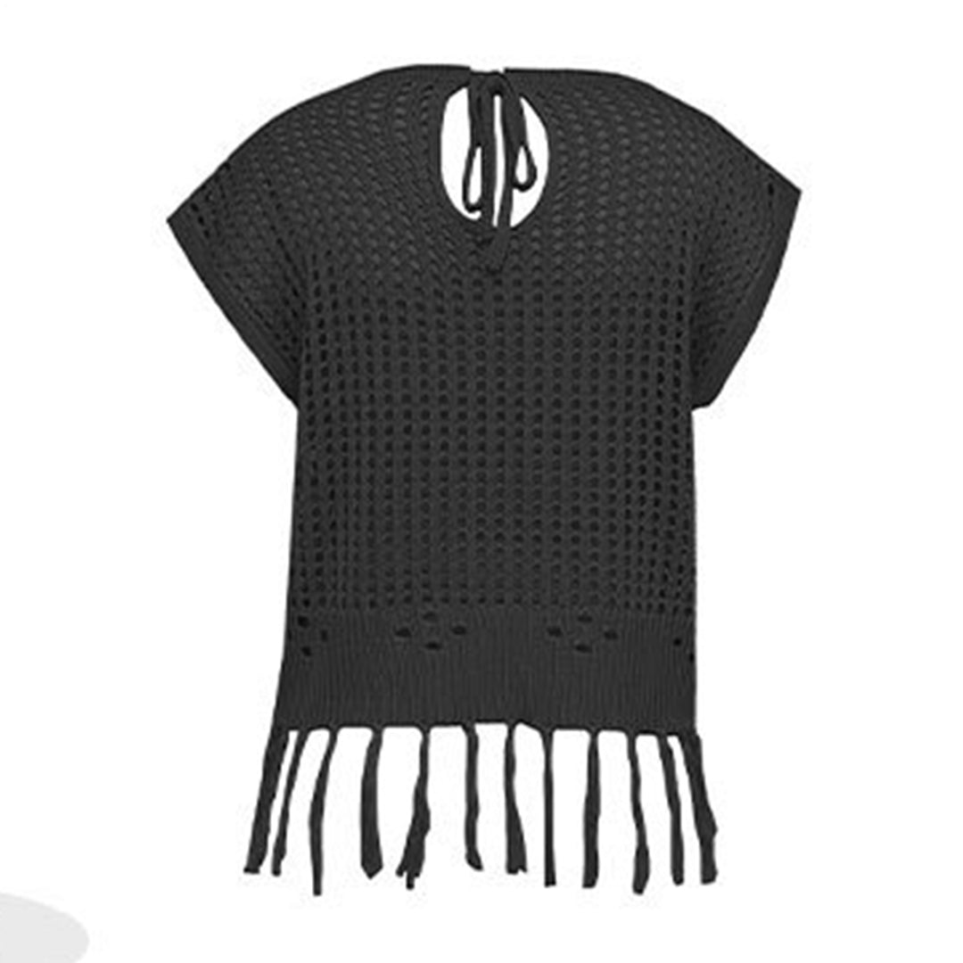 Crochet Tops for Women Tassel Hollow Out Summer Knit Top Crewneck Short Sleeve Pullover Cover Up for Travel usefulness
