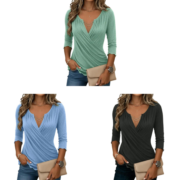 3/4 Sleeve Shirts for Women Wrap V Neck Trendy Ruched Tops 3/4 Sleeve Work Blouses for Travel Dating Vacation amiable