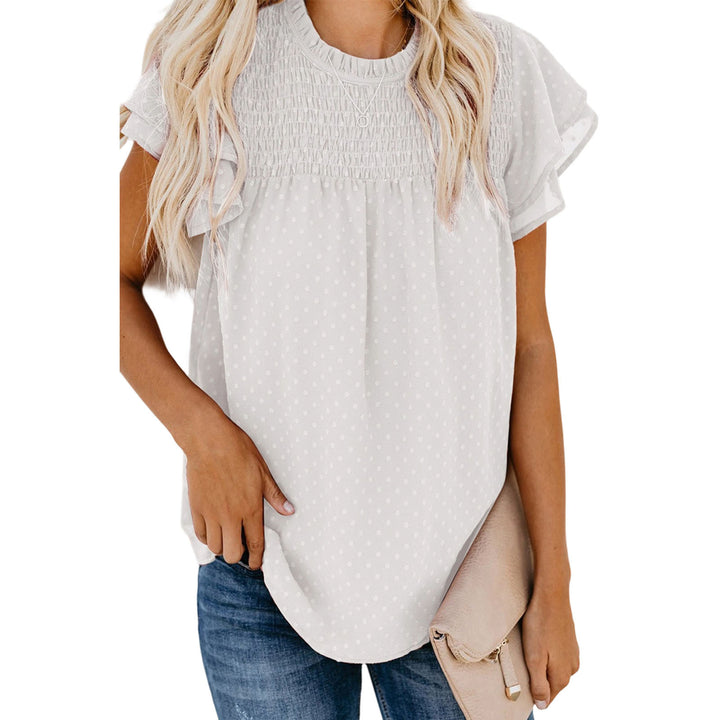 Womens Ruffle Short Sleeve Blouse Dot Smocked Crewneck Summer Flowy Chiffon Shirts Pullover Tops for Travel expedient
