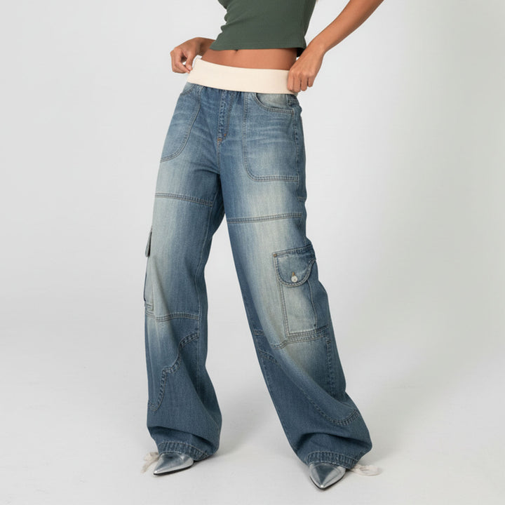 Womens Low Rise Baggy Jeans Fold-Over Elastic Waist Wide Leg Jeans Denim Pants Loose Fit Trousers for Club appropriate