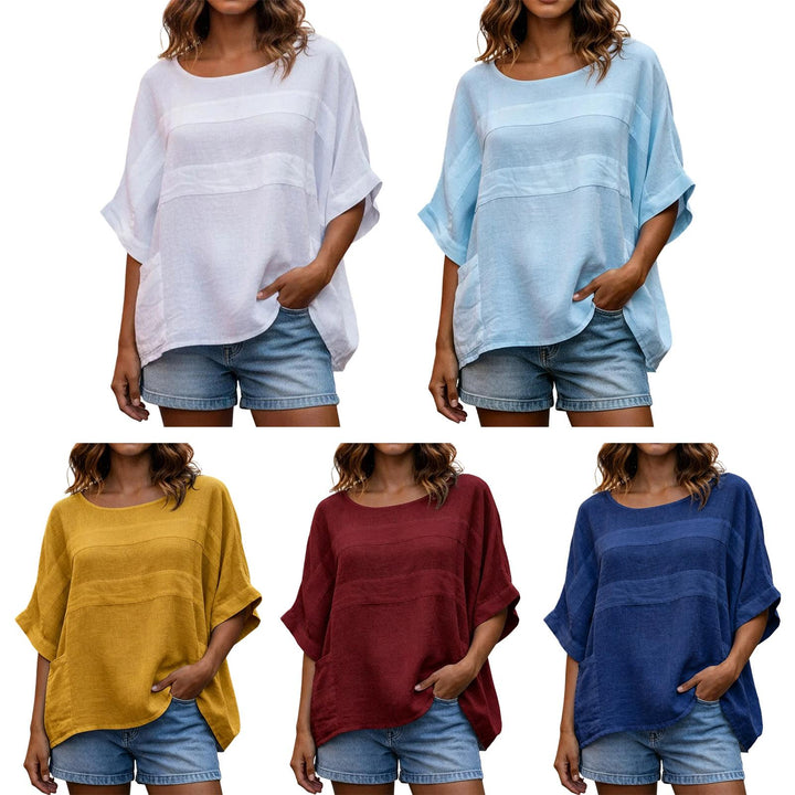 Women's Linen Shirt 3/4 Sleeve Casual Linen Tunic Blouse Crew Neck Peasant Shirts for Travel Daily Wear applied