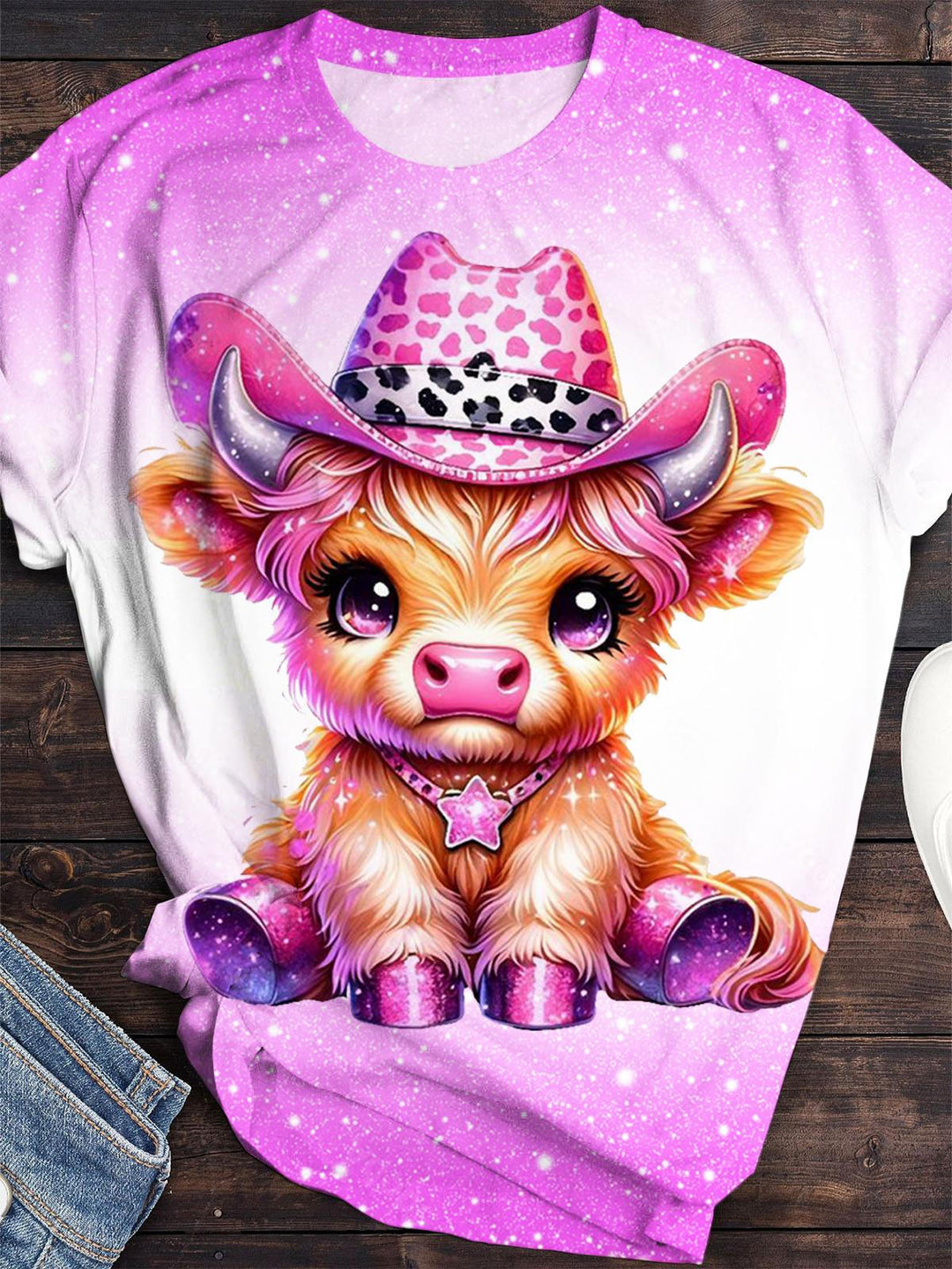 Women's Glitter Highland Cow Print Casual Top