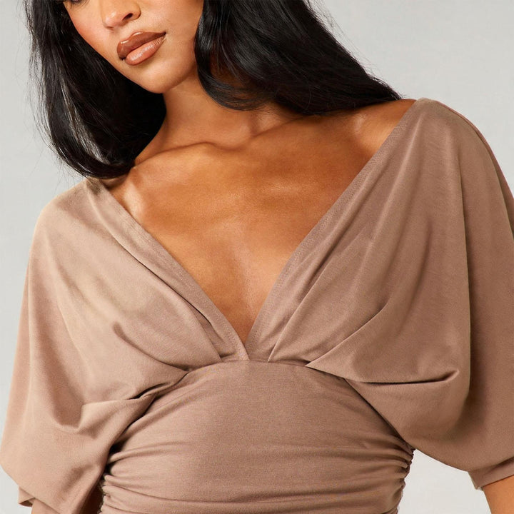 Dolman Sleeve Cinched Waist Top Deep V Neck Side Ruched Sexy Dolman Sleeve Blouses Going Out Tops for Leisure innate