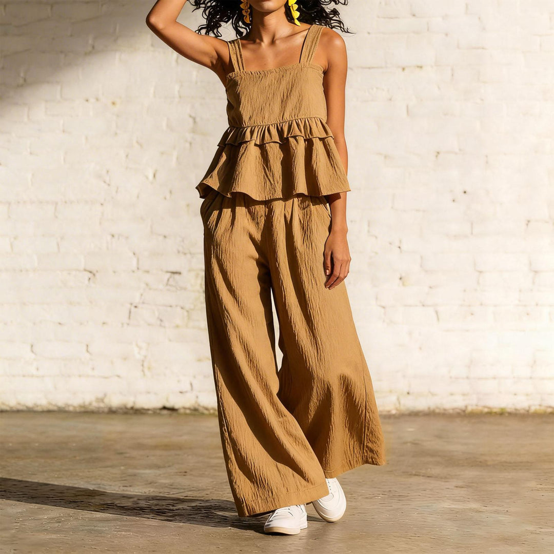 2 Piece Summer Sets for Women Ruffle Casual Summer Sleeveless Peplum Top and Wide Leg Pants Sets for Leisure workable