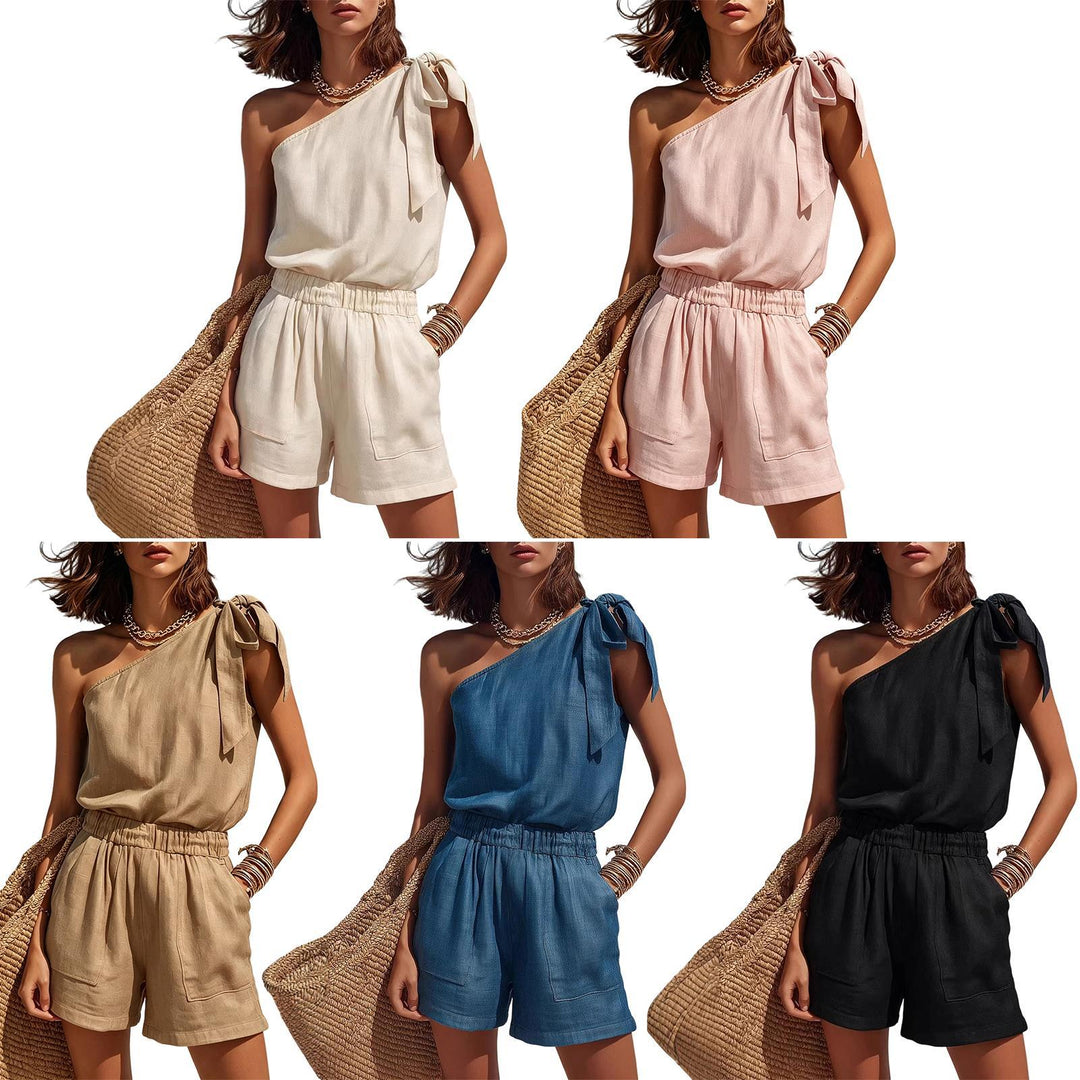 2 Piece Summer Outfits for Women Asymmetrical Shoulder Summer Sleeveless Blouse and Shorts for Daily Wear smart