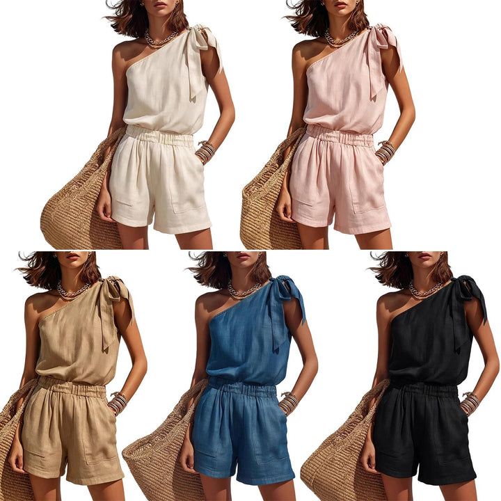 2 Piece Summer Outfits for Women Asymmetrical Shoulder Summer Sleeveless Blouse and Shorts for Daily Wear smart