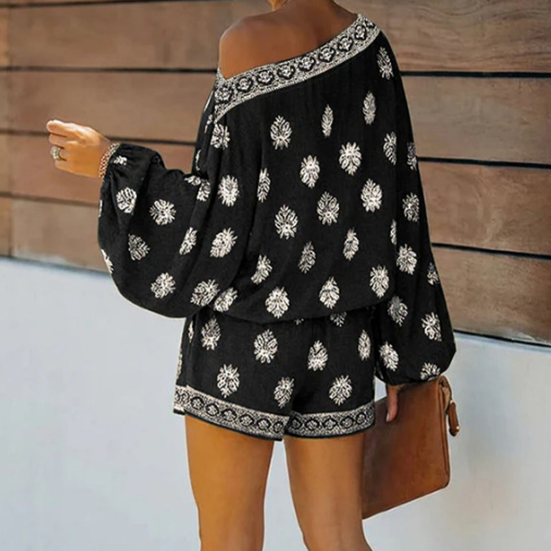 Boho Rompers for Women Off The Shoulder Casual Boho Jumpsuit Loose Lantern Sleeve Rompers for Vacation Beach ingenious