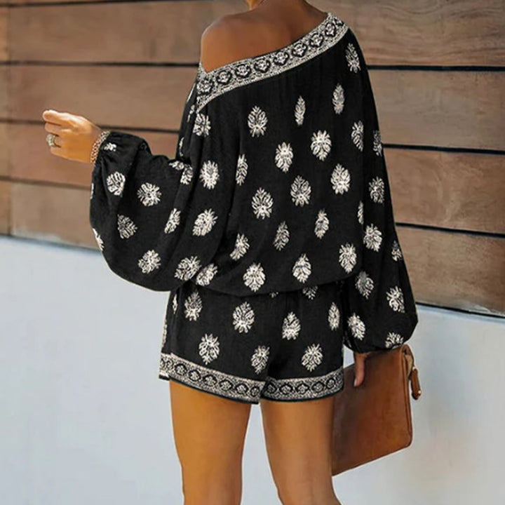 Boho Rompers for Women Off The Shoulder Casual Boho Jumpsuit Loose Lantern Sleeve Rompers for Vacation Beach ingenious