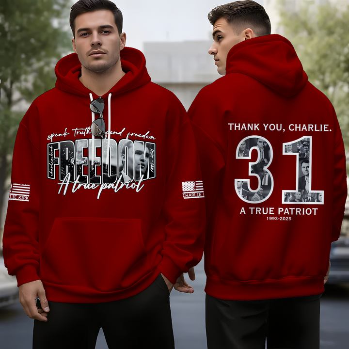 Unisex Charlie Kirk Freedom Long Sleeve Hooded Pocket Sweatshirt