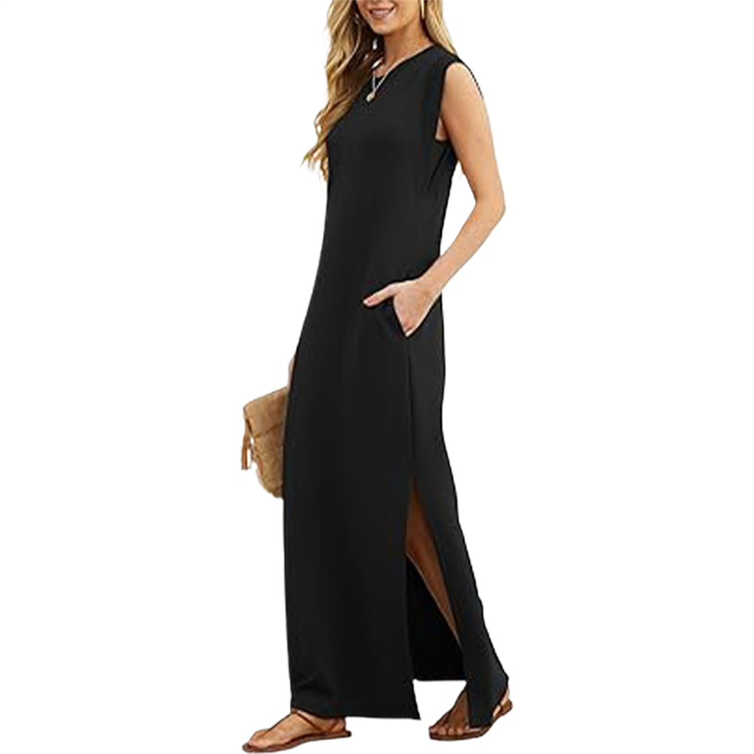 Tank Maxi Dress Sleeveless Solid Color Maxi Dress Loose Fit Side Slit Sundress for Fashionable Daily Wear Vacation Dating classy
