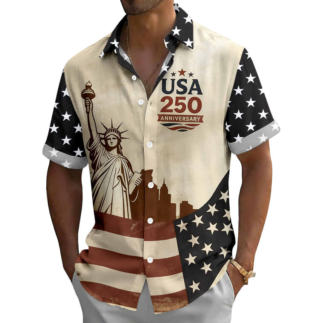 Flag Button Up Shirt Men Eagle Print Short Sleeve Button Down Patriotic Hawaiian Shirts for Parade Party amiable