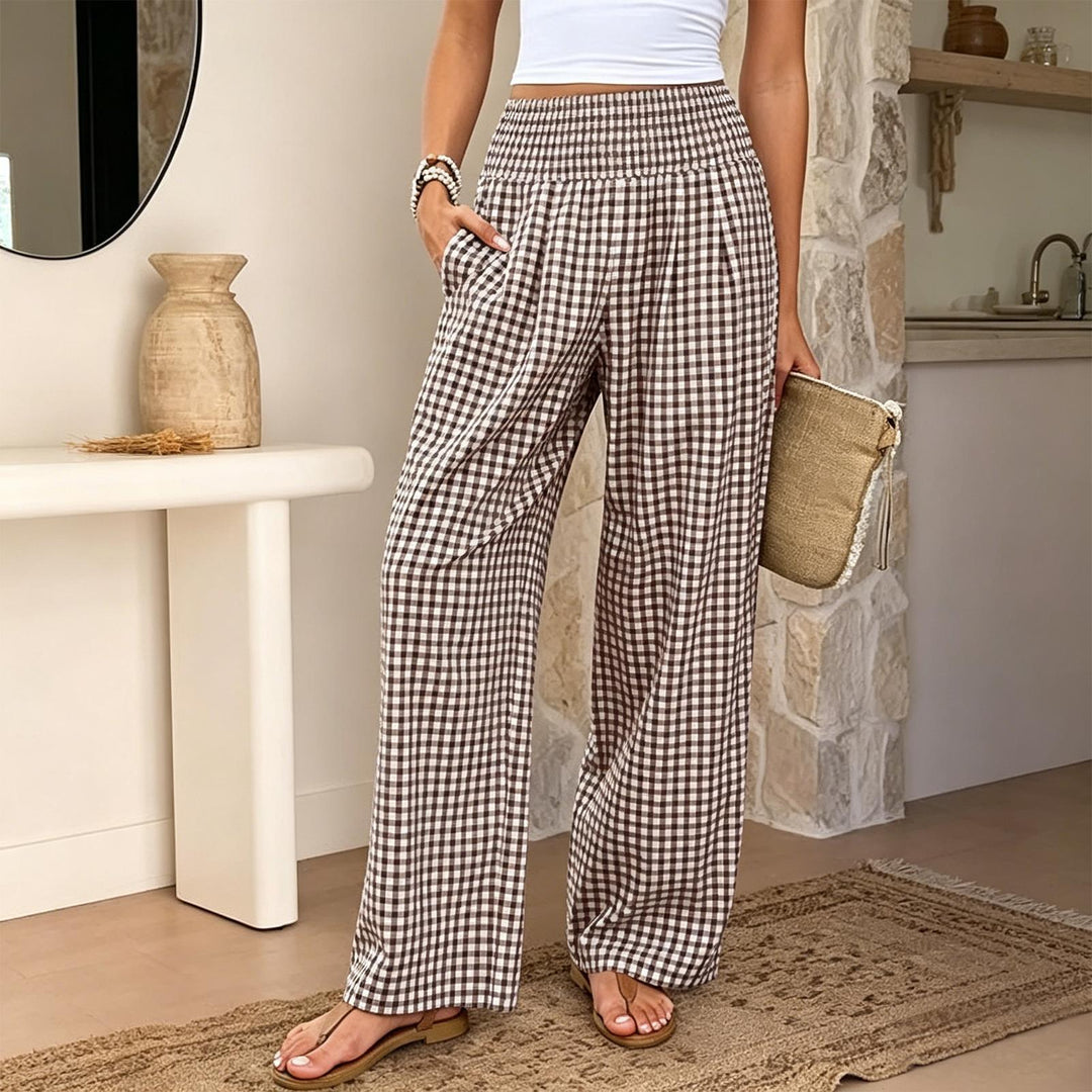 Women Gingham Pants Smocked Waist Plaid Pajama Lounge Pants Wide Leg Trousers with Pocket for Daily Wear gently